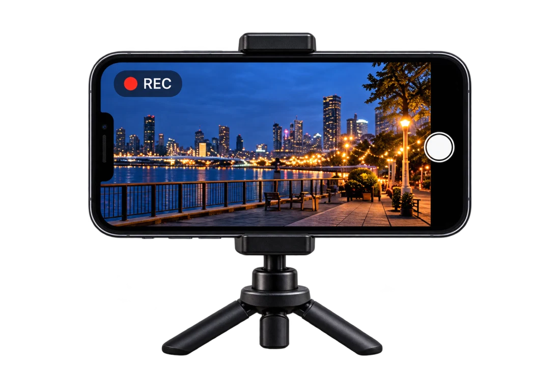 A phone on a small tripod, recording a waterfront night market